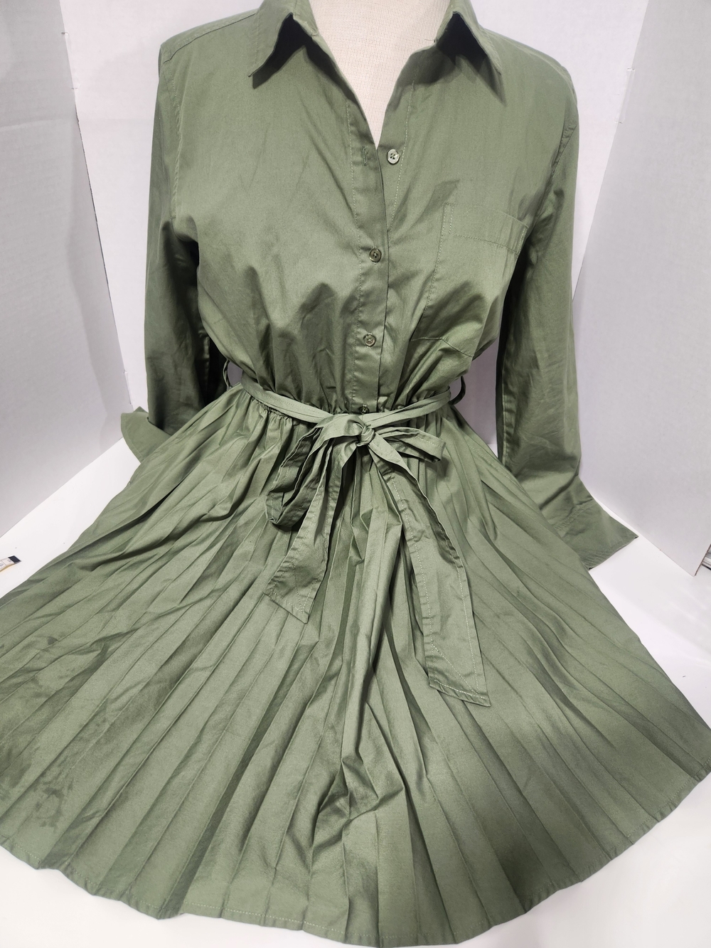 Olive Green Pleated Shirt Dress with Waist Tie